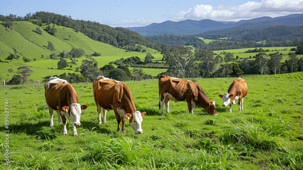 Three cows grazing in grassy field with a heard of cattle in the background and grassy hilly fields Three cows grazing in grassy field with a heard of cattle in the background and grassy hilly fields