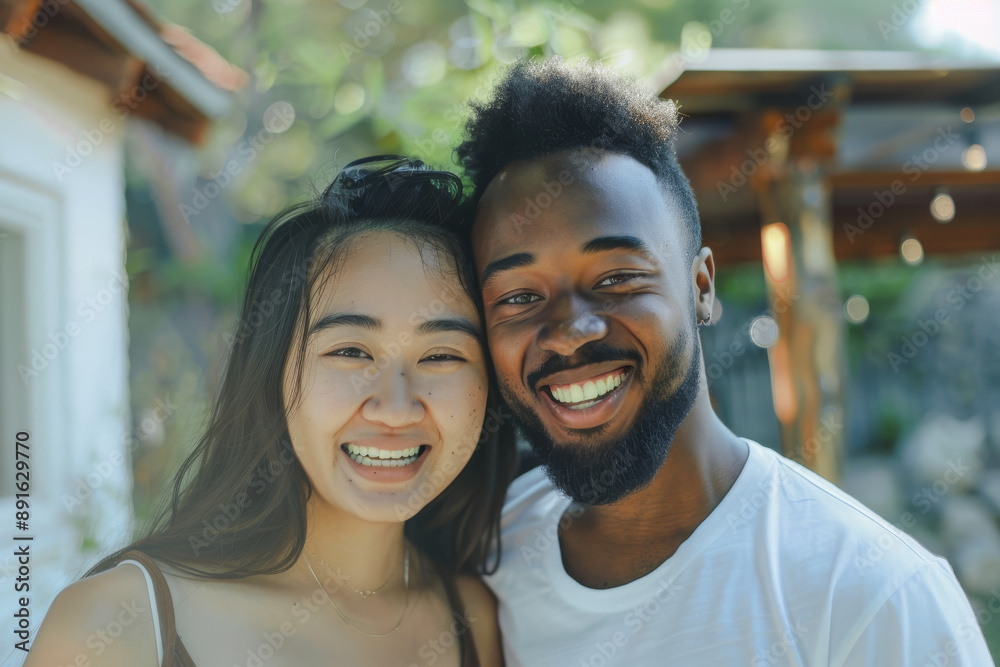 A close-up of a happy couple smiling warmly at the camera, surrounded by lush greenery and enjoying a bright, sunny day outdoors. A close-up of a happy couple smiling warmly at the camera, surrounded by lush greenery and enjoying a bright, sunny day outdoors.