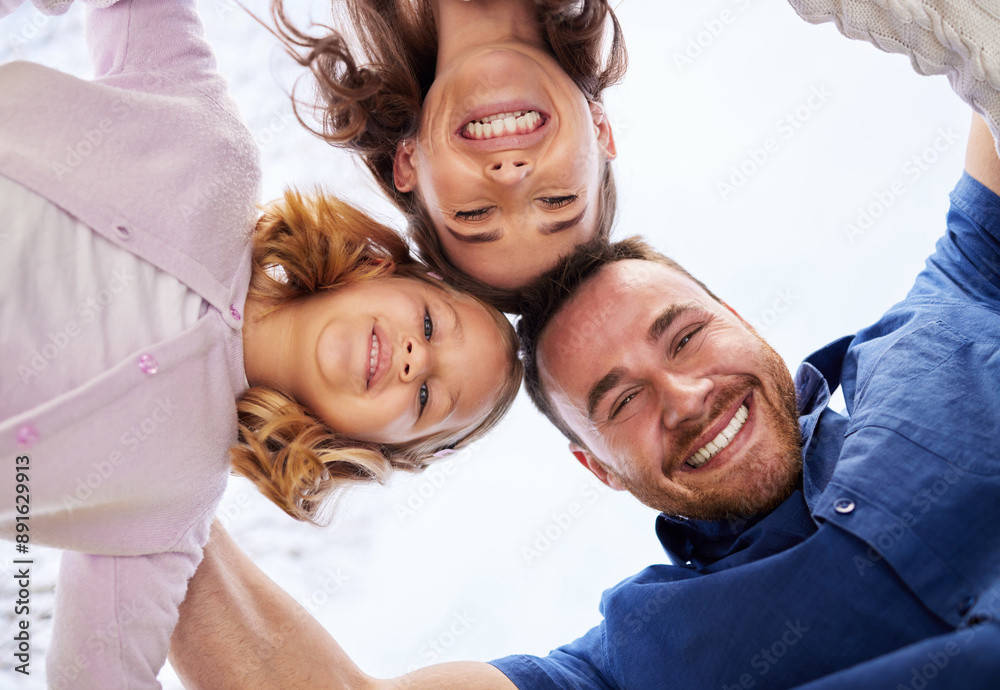 Happy family, bottom and portrait in outdoor for holiday with support, collaboration for travel break or journey. Man, woman and girl for solidarity on vacation in England, smile in circle with sky Happy family, bottom and portrait in outdoor for holiday with support, collaboration for travel break or journey. Man, woman and girl for solidarity on vacation in England, smile in circle with sky