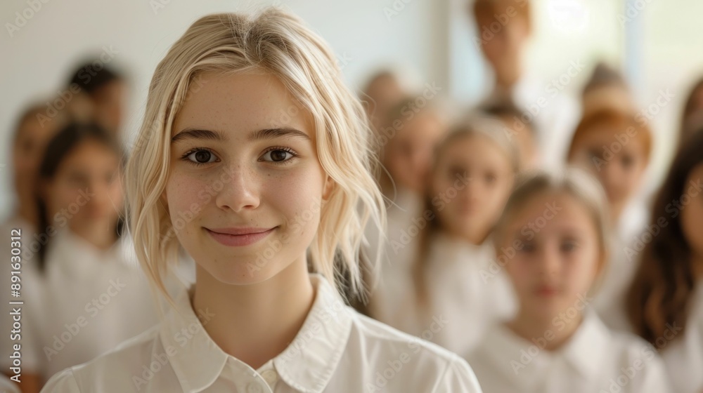Teacher assisting a diverse group of students with a collaborative learning project in a modern classroom setting focusing on teamwork problem solving and educational development