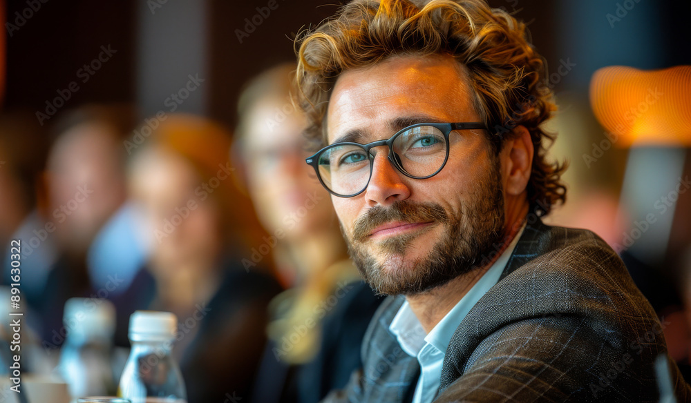 Man With Glasses At A Business Meeting. A man with wavy blonde hair and a beard