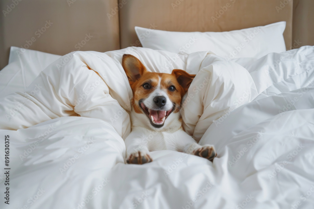 A playful dog peeks out from under fluffy white bedding, creating an adorable moment of joy and comfort. A playful dog peeks out from under fluffy white bedding, creating an adorable moment of joy and comfort.