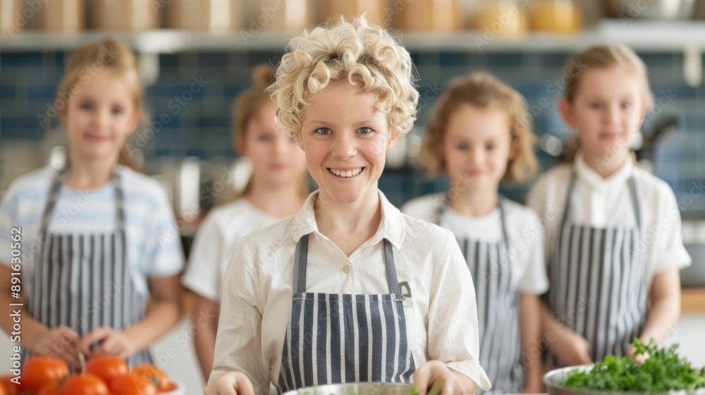 Fototapeta premium Primary teacher guiding a group of young students through a simple cooking activity in the classroom promoting practical skills hands on learning and engaging educational experience