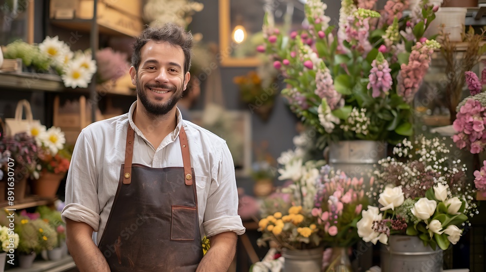 Male florist in an apron smiling cheerfully at the camera with a flower shop background filled with diverse floral arrangements emphasizing his love for flowers and expertise Male florist in an apron smiling cheerfully at the camera with a flower shop background filled with diverse floral arrangements emphasizing his love for flowers and expertise