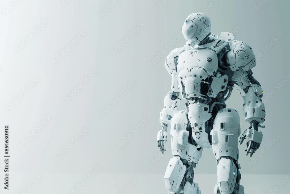 A futuristic robot stands confidently in a minimalist setting, featuring white armor and intricate details, reflecting technological advancement and modernity. A futuristic robot stands confidently in a minimalist setting, featuring white armor and intricate details, reflecting technological advancement and modernity.