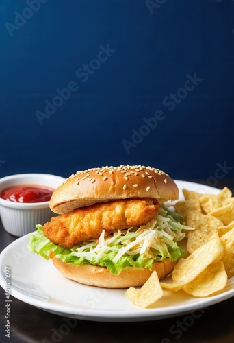 Fried Chicken Sandwich with Lettuce and Cheese on White Plate, Accompanied by Potato Chips