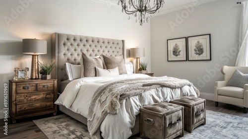 A transitional bedroom with a tufted headboard
