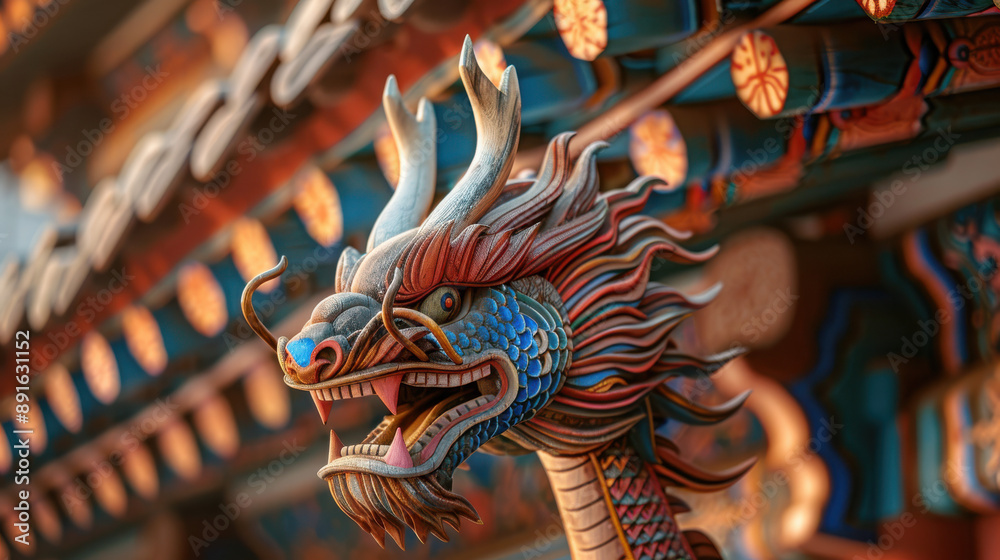 A detailed photograph of a Korean traditional dragon head sculpture, intricately carved wooden details, vibrant colors of red A detailed photograph of a Korean traditional dragon head sculpture, intricately carved wooden details, vibrant colors of red