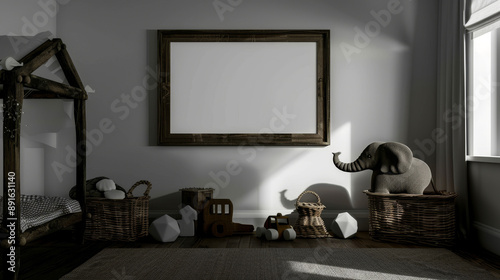 Ornate nursery with toys and an empty picture frame on the wall photo