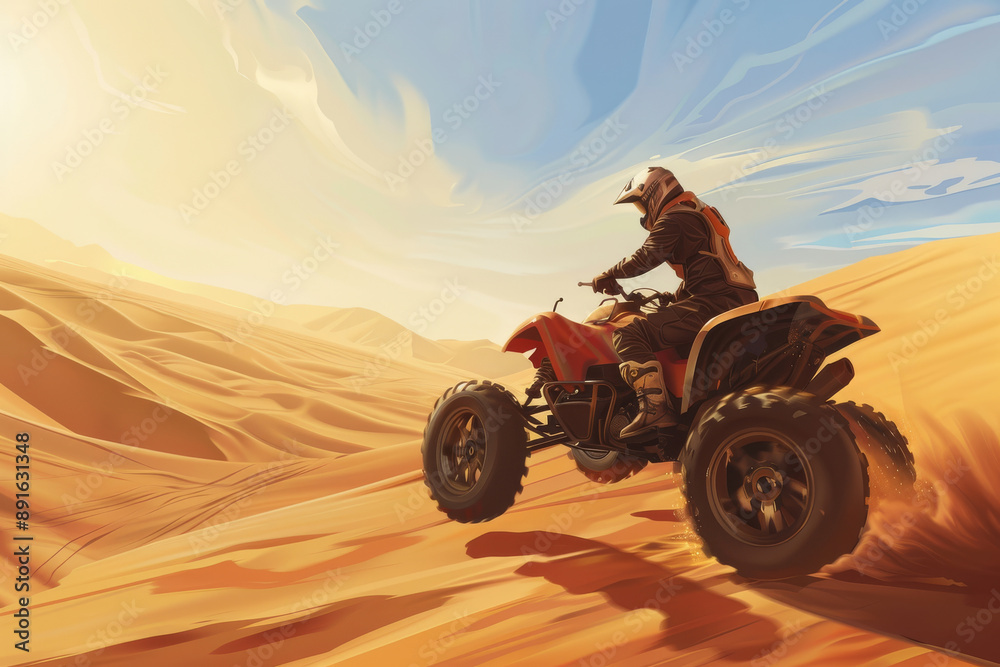 An ATV rider expertly carves through the vast, sunlit sand dunes, leaving a trail of dust behind under a brilliantly blue sky. An ATV rider expertly carves through the vast, sunlit sand dunes, leaving a trail of dust behind under a brilliantly blue sky.