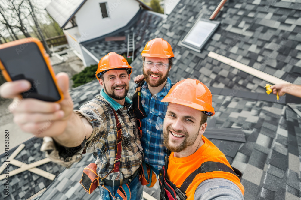 Obraz premium Three cheerful construction workers in safety gear taking a selfie while standing on a rooftop, showcasing the camaraderie and teamwork in their profession.