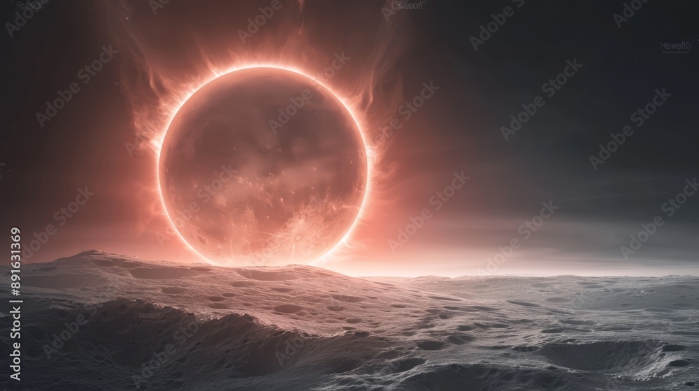 Ethereal depiction of a solar eclipse over a turbulent ocean, showcasing the interplay of cosmic phenomena and natural waterscape. Ethereal depiction of a solar eclipse over a turbulent ocean, showcasing the interplay of cosmic phenomena and natural waterscape.