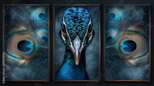 Artistic triptych of a peacock head and feathers with vivid blue and green colors, creating a captivating and vibrant visual impact.