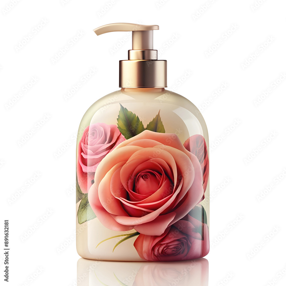Isolated Liquid Soap with Rose on White Background. Perfect for: Spa Promotions, Beauty Expos, Mother's Day Isolated Liquid Soap with Rose on White Background. Perfect for: Spa Promotions, Beauty Expos, Mother's Day