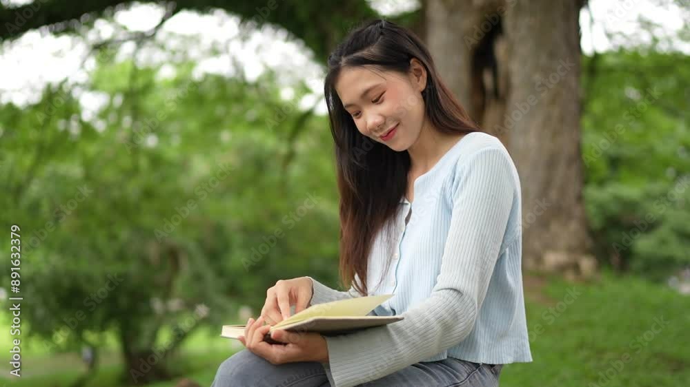 Asian woman sitting on a bench outdoors, reading a notebook. She is wearing a light blue top and jeans, with a coffee cup beside her Asian woman sitting on a bench outdoors, reading a notebook. She is wearing a light blue top and jeans, with a coffee cup beside her