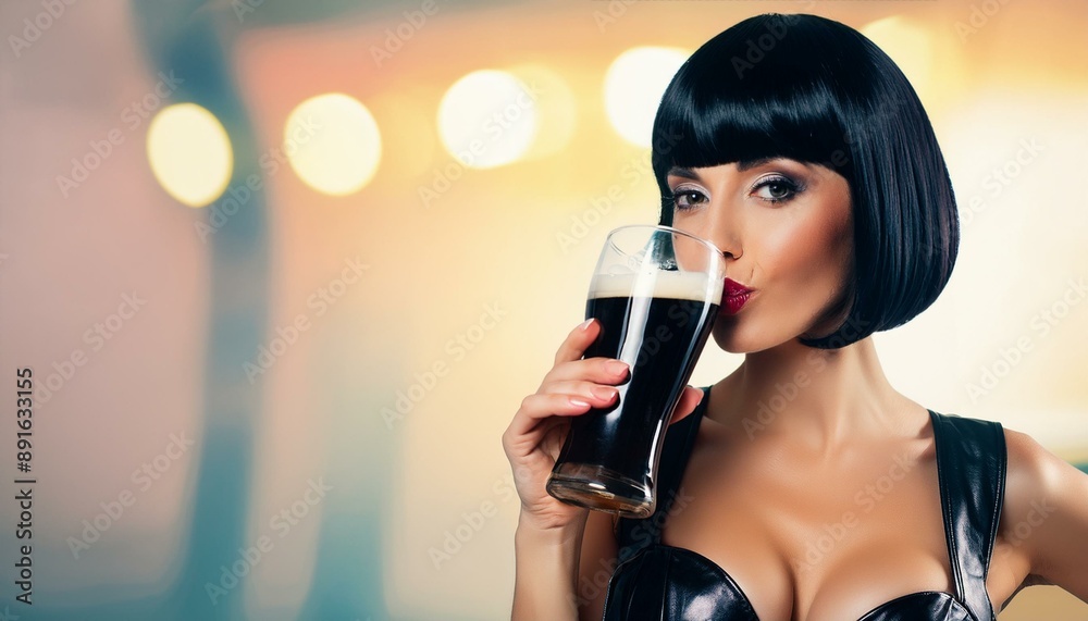 gorgeous woman bob hair 60s style drinking beer, AI generated