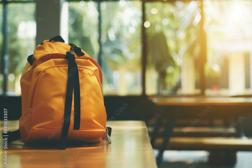 Obraz premium A sunny classroom with a bright yellow backpack on a desk, symbolizing the anticipation and optimism that comes with a new school day and learning adventure.