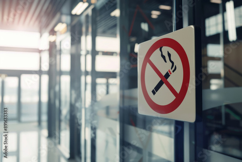 A no-smoking sign on a glass wall inside a well-lit, modern building, ensuring a smoke-free environment.