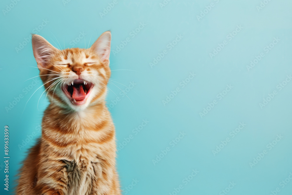 Fototapeta premium A ginger kitten with closed eyes and mouth wide open, seemingly laughing, against a bright blue background, encapsulating a joyful moment.