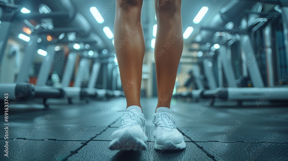 Focused Legs in Athletic Shoes at the Gym, Preparing for an Intense Workout Among Rows of High-End Treadmills and Modern Fitness Equipment Focused Legs in Athletic Shoes at the Gym, Preparing for an Intense Workout Among Rows of High-End Treadmills and Modern Fitness Equipment