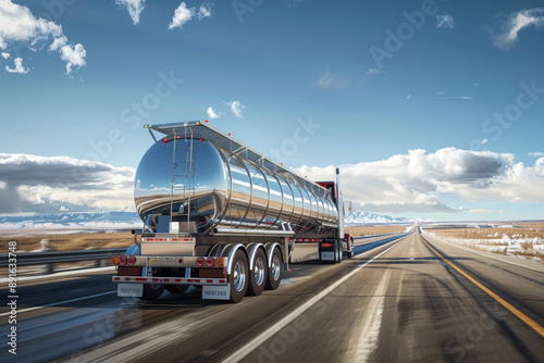 A polished silver tanker truck speeds along an open highway framed by a vast, snow-capped mountain range under a crisp blue sky.