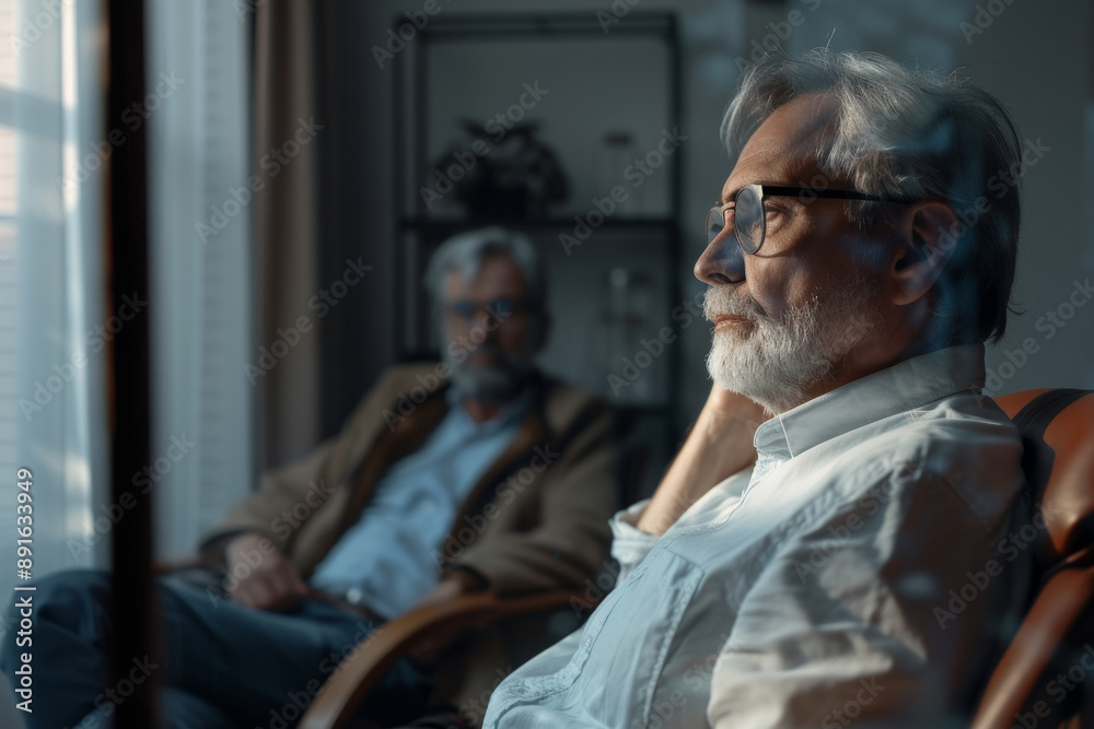 An elderly man, lost in thought, sits by a window with a distant expression, while another man sits in the background, creating a mood of contemplation. An elderly man, lost in thought, sits by a window with a distant expression, while another man sits in the background, creating a mood of contemplation.