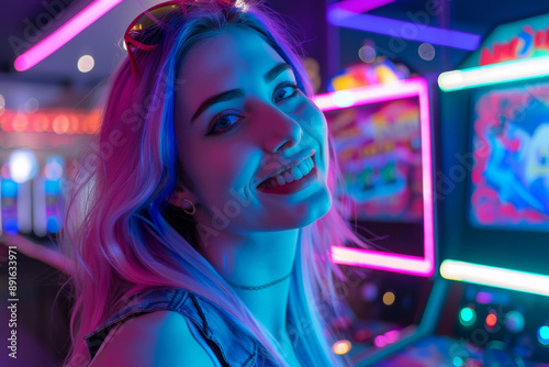 A lively arcade scene with a woman smiling brightly under vibrant pink and blue neon lights, capturing the excitement and energy of the moment.