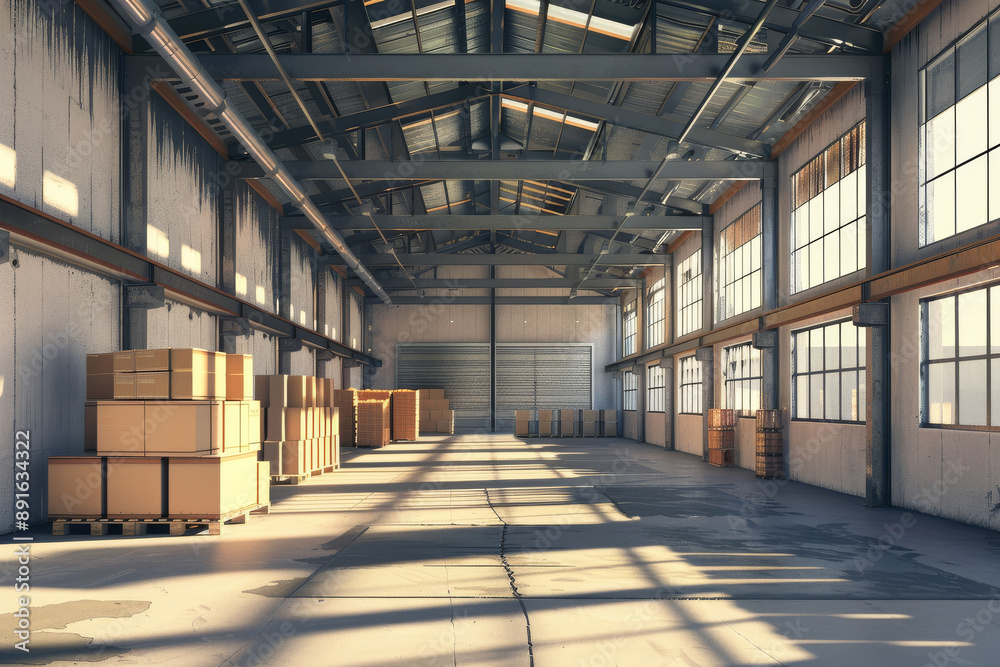 A sunlit, empty warehouse with exposed beams, tall shelves, and stacks of boxes lined up neatly, highlighting industrial organization and storage solutions. A sunlit, empty warehouse with exposed beams, tall shelves, and stacks of boxes lined up neatly, highlighting industrial organization and storage solutions.