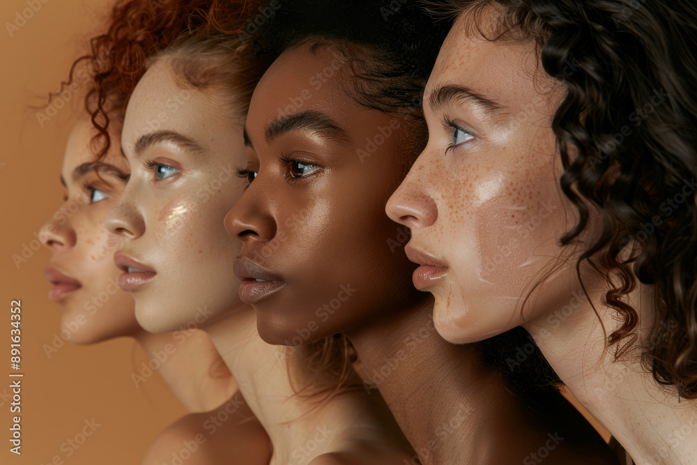 Obraz premium Four diverse women with glowing skin pose in profile against a warm backdrop, celebrating natural beauty and diversity.