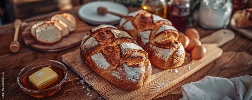 Freshly baked rustic bread loaves on a wooden table with butter and ingredients for a homemade country breakfast setting. Freshly baked rustic bread loaves on a wooden table with butter and ingredients for a homemade country breakfast setting.