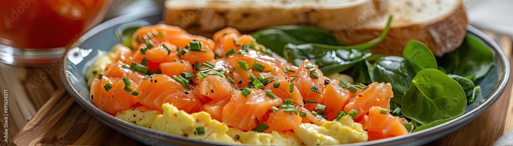 Delicious breakfast plate with smoked salmon, scrambled eggs, fresh spinach, and toast. Perfect for a healthy and satisfying morning meal. Delicious breakfast plate with smoked salmon, scrambled eggs, fresh spinach, and toast. Perfect for a healthy and satisfying morning meal.