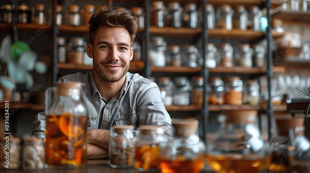A young man with a friendly smile sitting at a wooden table in a cozy herbal shop. Behind him, shelves filled with jars of herbs, spices, and teas create a warm atmosphere. A young man with a friendly smile sitting at a wooden table in a cozy herbal shop. Behind him, shelves filled with jars of herbs, spices, and teas create a warm atmosphere.