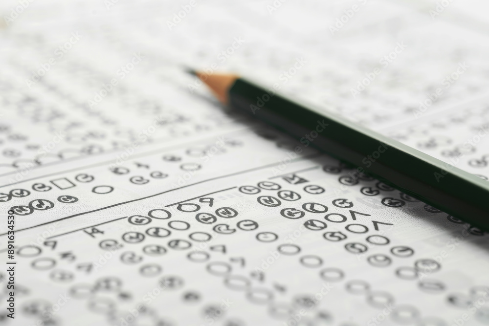 A pencil lies diagonally on a standardized test paper with filled answers, reflecting exam tension and the study process. A pencil lies diagonally on a standardized test paper with filled answers, reflecting exam tension and the study process.