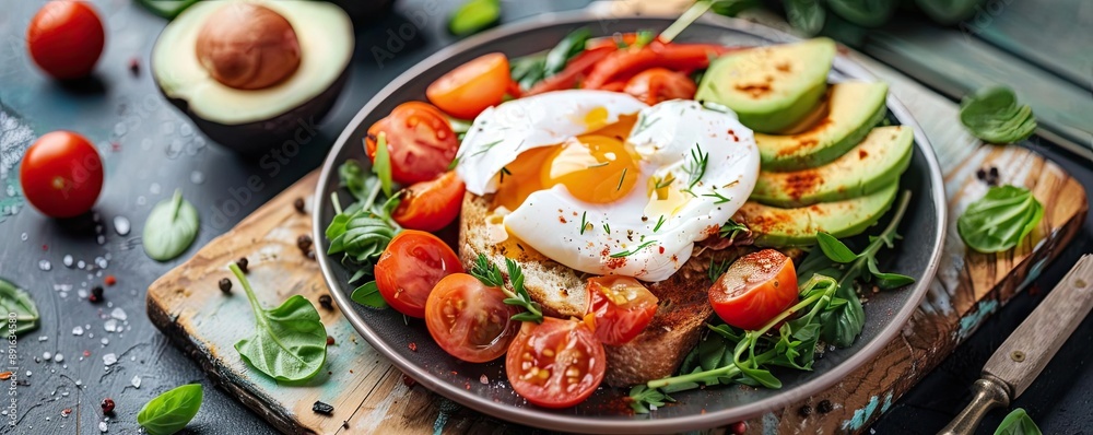 Delicious avocado toast topped with a perfectly poached egg, cherry tomatoes, and fresh greens on a rustic wooden board. Delicious avocado toast topped with a perfectly poached egg, cherry tomatoes, and fresh greens on a rustic wooden board.