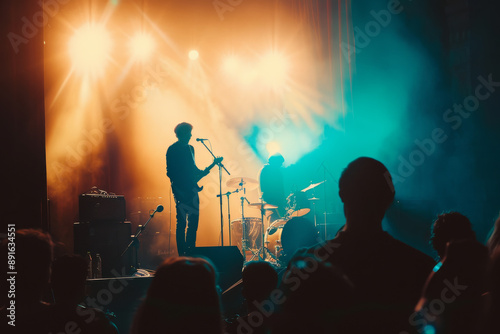 A silhouetted figure on stage sings into the microphone during an electrifying concert, with vibrant lights and an entranced audience highlighting the immersive atmosphere.