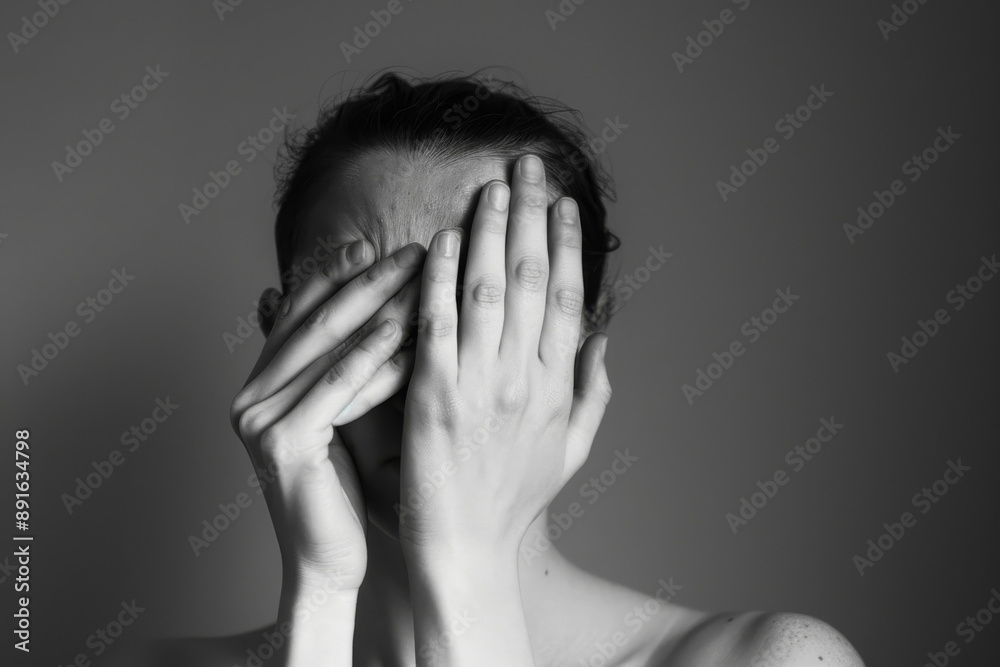 A grayscale photograph of a person covering their face with their hands, presenting a feeling of shyness and vulnerability. A grayscale photograph of a person covering their face with their hands, presenting a feeling of shyness and vulnerability.