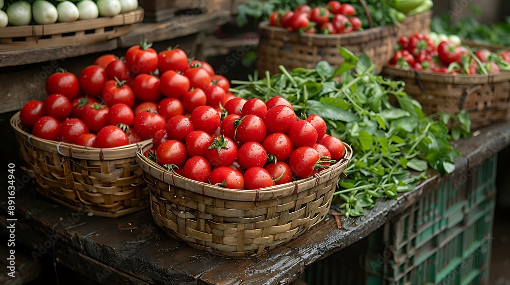 baskets of tomatoes and greens on a table. baskets of tomatoes and greens on a table.