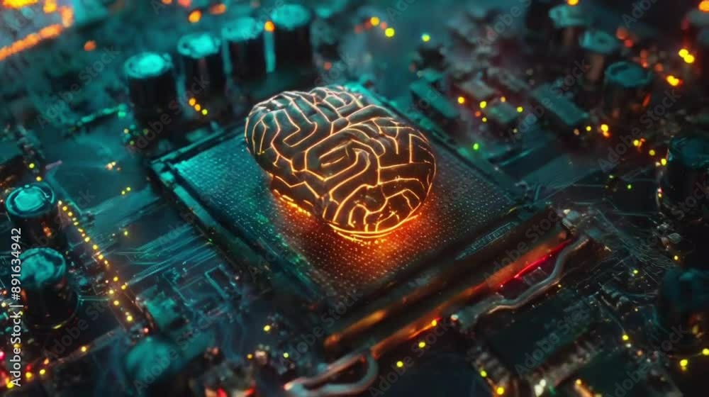 Brain on a Circuit Board - A Digital Mind. A metallic brain sits on a ...