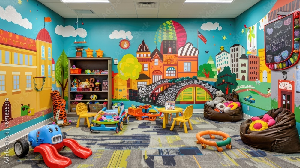 A vibrant playroom with colorful wall murals A vibrant playroom with colorful wall murals