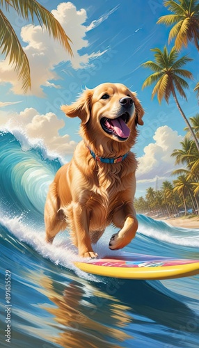 Dog surfing on a wave on the ocean, sea in summer, vacation holidays concept