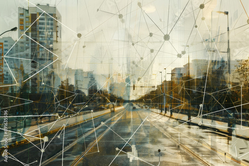 Wallpaper Mural Urban scene overlaid with digital network graphics, depicting the fusion of reality and technology in a cityscape bathed in golden light. Torontodigital.ca