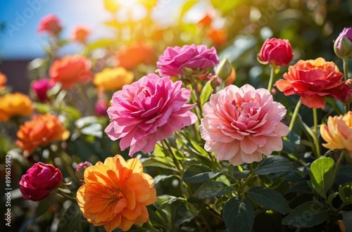 Vibrant rose bush in full bloom in warm sunlight