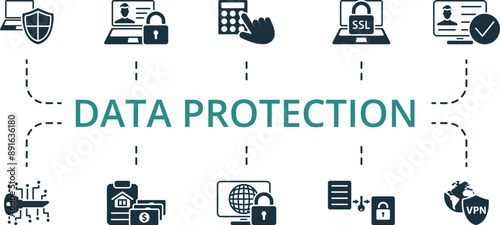 Data Protection icon set. Monochrome simple Data Protection icon collection. Antivirus, Online Privacy, Access Control, Ssl, Verification, Digital Key, Security Payment, Network Security, Data