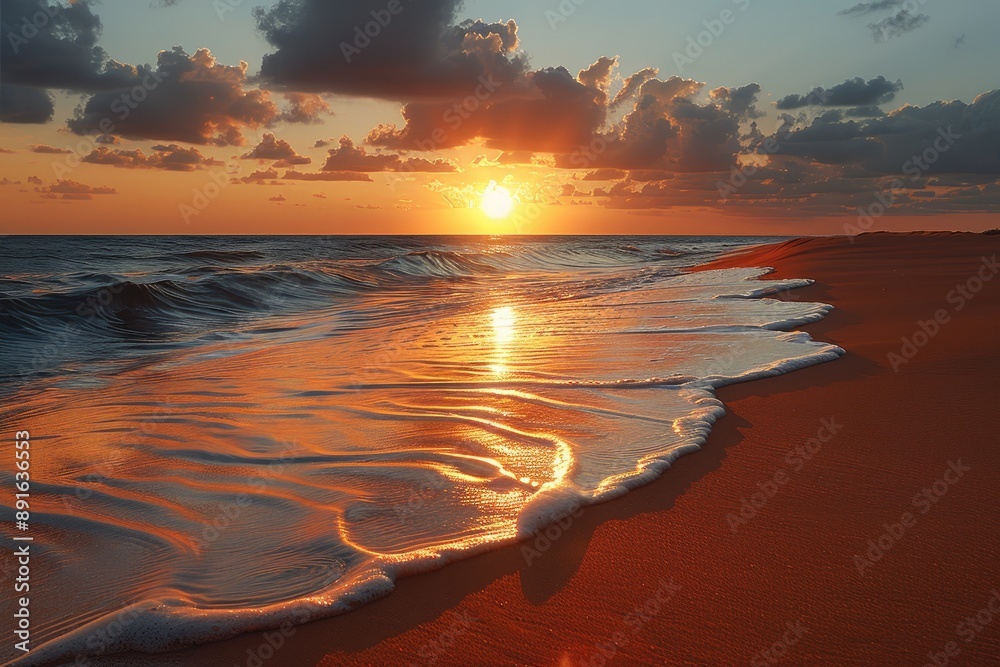Golden Sunset Reflecting on the Ocean Waves and Sandy Shore Golden Sunset Reflecting on the Ocean Waves and Sandy Shore