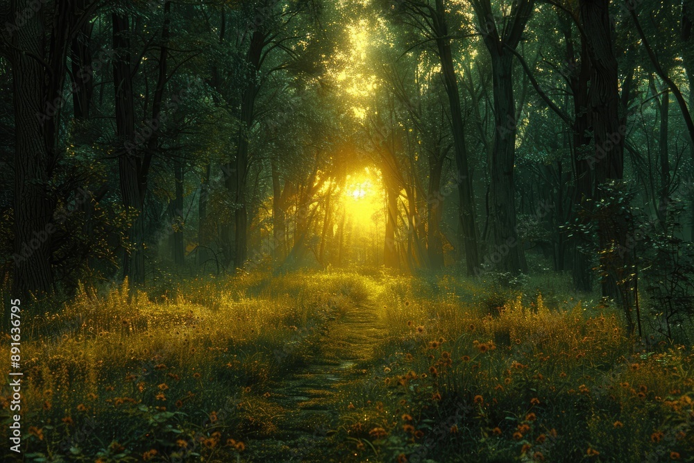 Sunbeams Illuminate a Path Through a Mystical Forest
