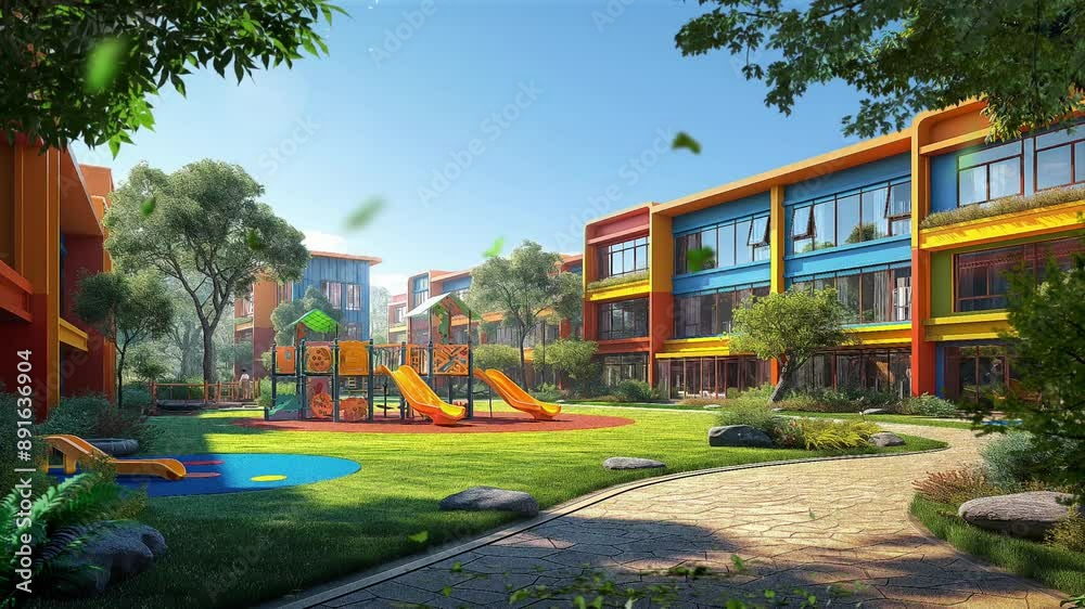Colorful kids school building with Schoolyard and Playground in sunny day animation motion video background