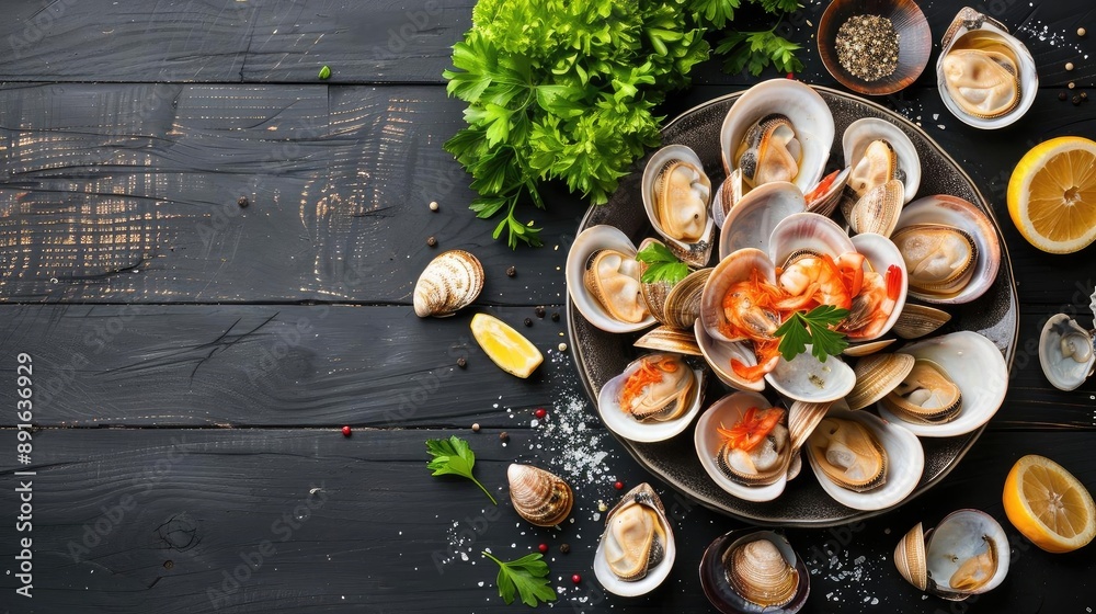 A delectable platter of steamed clams garnished with herbs and lemon on a rustic wooden table, perfect for a seafood feast.
