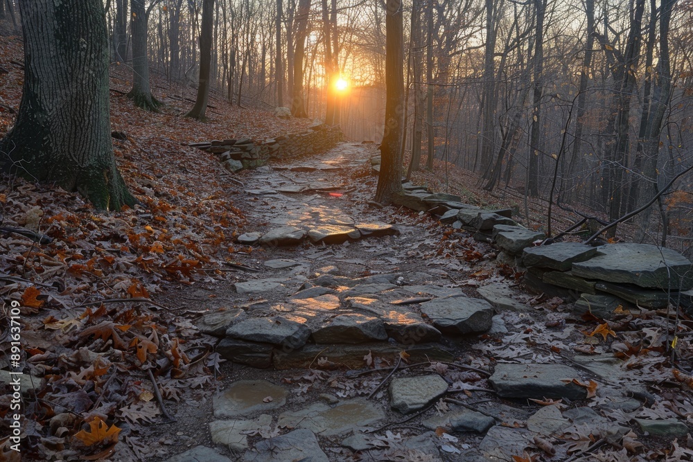 A Stone Path Winds Through an Autumn Forest Bathed in the Golden Glow of a Setting Sun A Stone Path Winds Through an Autumn Forest Bathed in the Golden Glow of a Setting Sun
