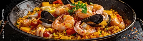 Wallpaper Mural A beautifully plated dish of seafood paella with shrimp, mussels, and vibrant vegetables in a black pan. Torontodigital.ca