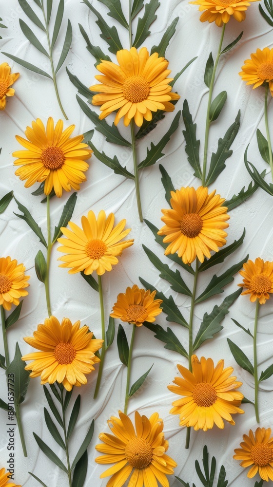 Obraz premium Multiple yellow daisies and green leaves arranged artistically